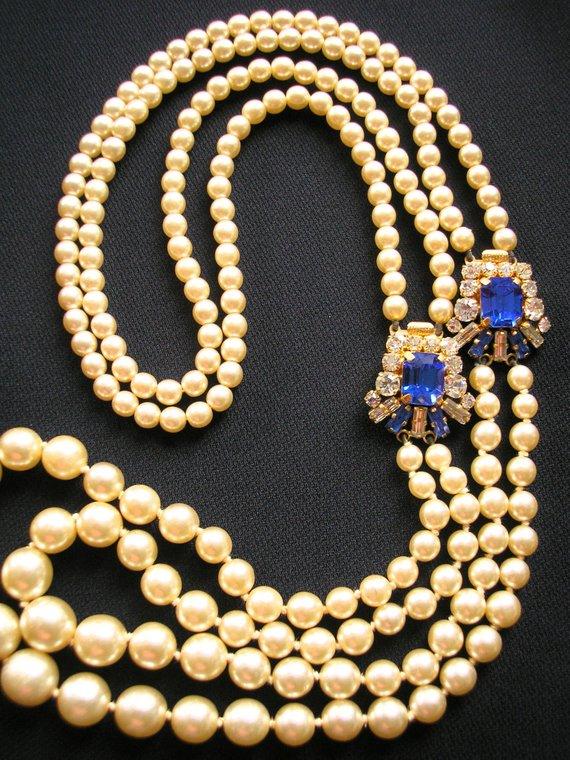 Hochzeit - Cobalt Bridal Necklace, Backdrop Necklace, Deco, Great Gatsby Jewelry, Downton Abbey, Pearl Necklace, Bridal Accessories, Sapphire Necklace