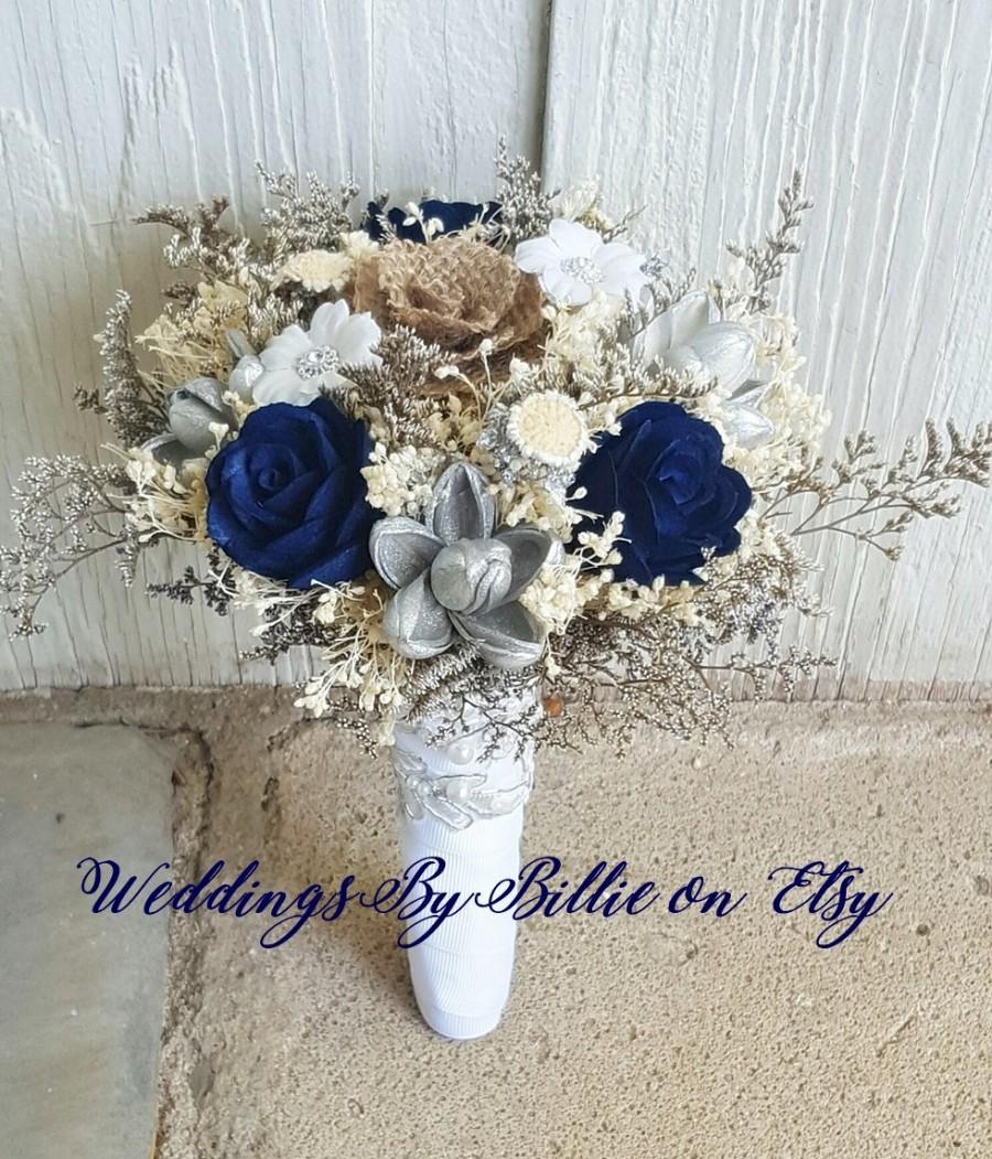 زفاف - Navy Blue Silver Burlap Sola Bouquet, Sola Flowers, Navy Silver Wedding Bouquet, Wedding Flowers, Rustic Chic, Bridal Accessories, Keepsake