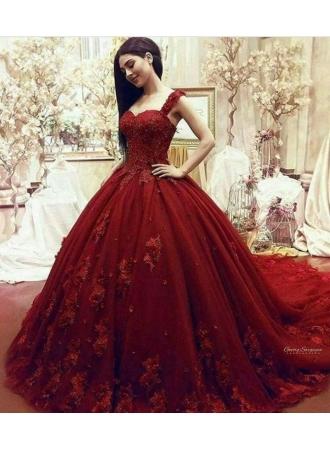 Wedding - Rote Abendkleider Lang Mit Spitze Tüll Prinzessin Abendmoden Online Modellnummer: XY248