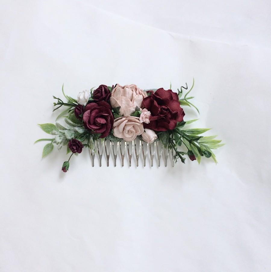 Hochzeit - burgundy wedding hair piece, deep red flower hair clip, burgundy hair accessories, floral hair vine, bridal headpiece, winter wedding hair p