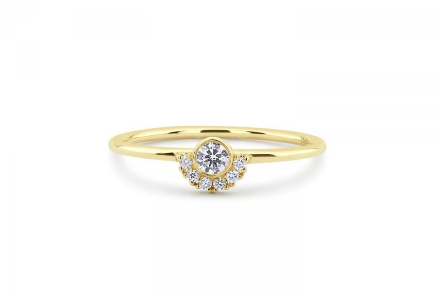Hochzeit - 14k Yellow Gold Diamond Ring / Diamond Halo Ring / Bezel Setting Diamond Halo Ring / Crown Cluster ring in 14k Gold / Promise Ring