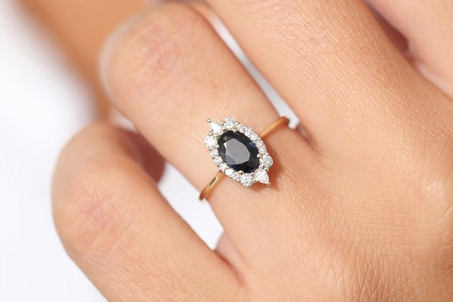 Wedding - Blue Sapphire Ring / 14k Gold Oval Sapphire Halo Ring / Halo Engagement Ring / September Birthstone Ring / Wedding Gold Diamond Ring