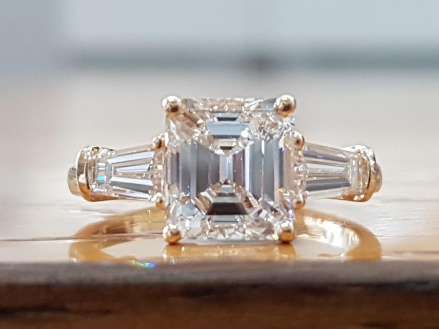 زفاف - 2 Carat GIA Diamond Asscher Cut Engagement Ring, Estate Engagement Ring, Square Emerald Diamond Ring, 3 Stone Engagement Ring
