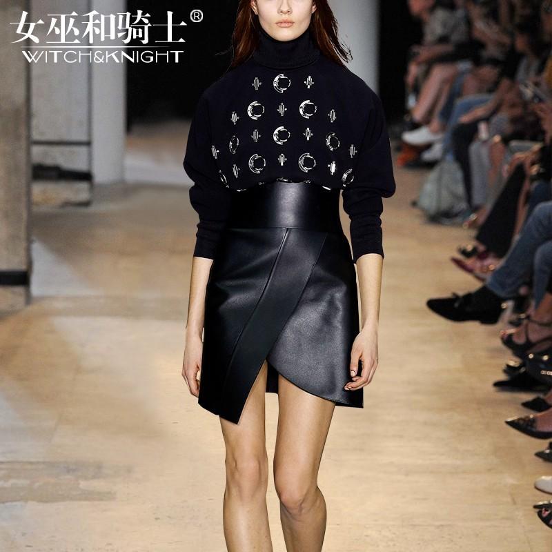Hochzeit - Vogue Asymmetrical High Neck Leather Skirt Winter Outfit Twinset Sweater - Bonny YZOZO Boutique Store