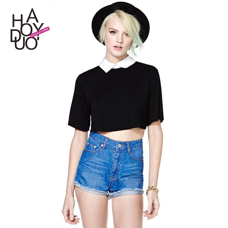 Свадьба - School Style Simple Solid Color Polo Collar Jersey White Short Sleeves Black T-shirt - Bonny YZOZO Boutique Store