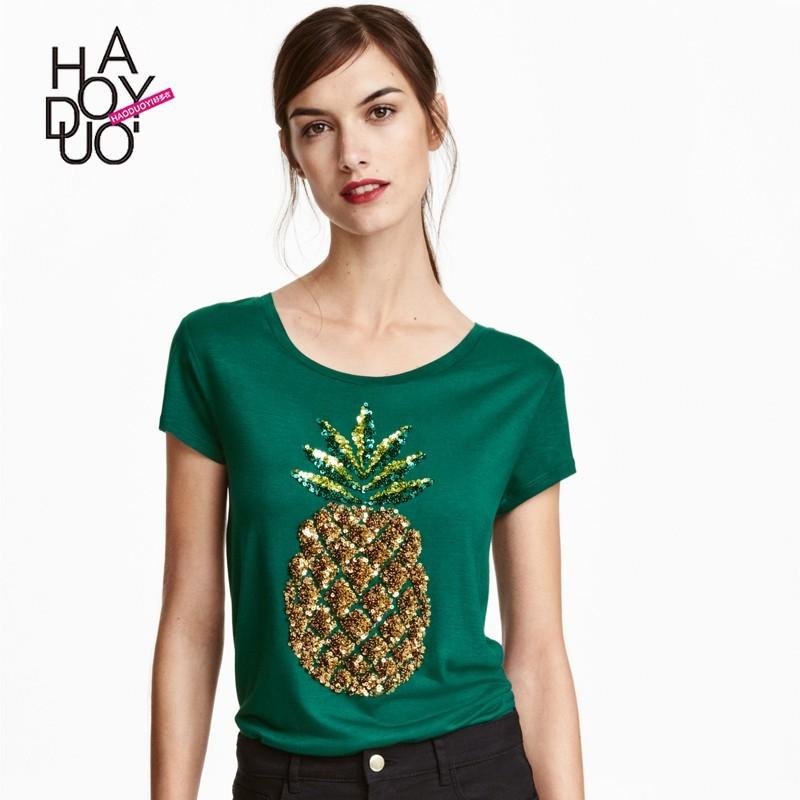 Mariage - Vogue Scoop Neck Sequined Pineapple Short Sleeves T-shirt Top - Bonny YZOZO Boutique Store