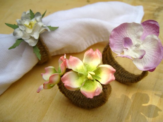 Hochzeit - Sakura Napkin Rings Rustic Holiday Dinner Wedding Accessories Place Setting Cottage Chic Cherry Blossom Orchid Gardenia Dining napkin ring