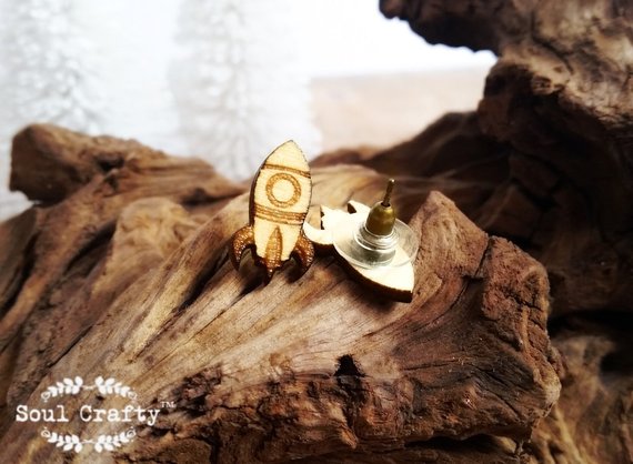 Hochzeit - Rocket Earring Wooden Stud earring Birthday Wedding Mother's day Gift BFF Bridesmaid Maid-of-honor Mother of Groom
