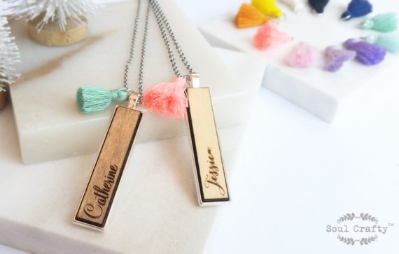 Hochzeit - Personalized Name wooden Silver necklace stainless steel chain Silver pendant with tassel for Birthday Valentine Wedding BFF Bridesmaid gift