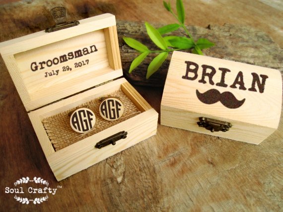 Свадьба - Block Monogram Wooden Cufflinks Engraved Customized box Dad Grooms Groomsman Gift Set Personalized Rustic Wedding Birthday Gift Cuff links