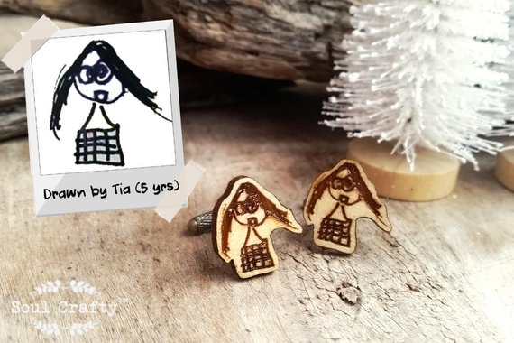 Wedding - Convert Kids drawing Wooden Cufflinks Customized Personalized Children Scribble Writing Dad Rustic Fathers Day Gift Keepsake Cuff links