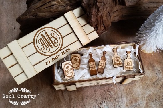 Wedding - 3 pair Wooden Cufflinks with Personalized box Beer Wine Brandy Champagne Cognac Rum Gin Stout Whiskey father Groomsman Wedding Birthday Gift