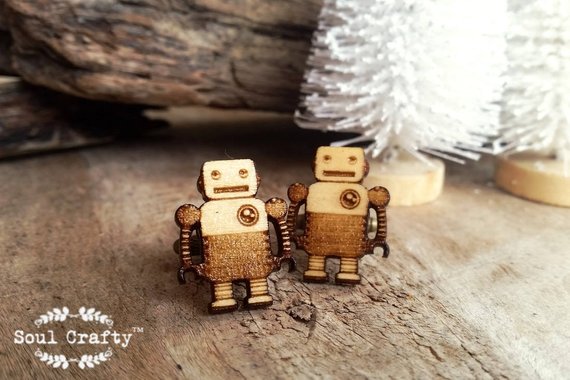 Hochzeit - Tin Robot Wooden Cufflinks Retro Toys Children toys Dad Grooms Best man Groomsman Rustic Wedding Birthday Gift Cuff links