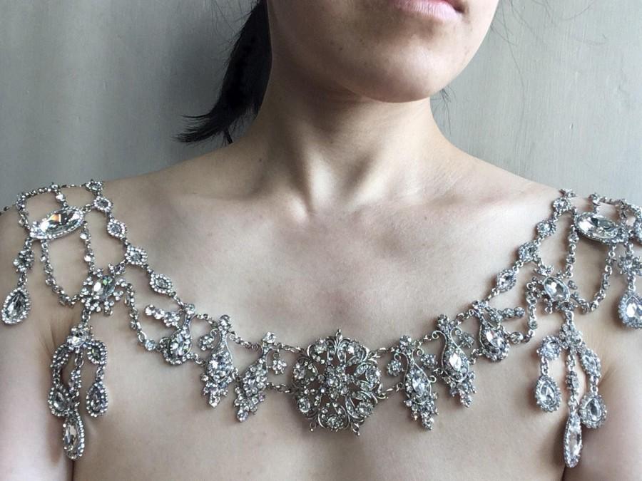 زفاف - Victorian wedding bridal rhinestone crystals shoulder necklace, bridal jewelry, rhinestones necklace, bridal necklace, brides