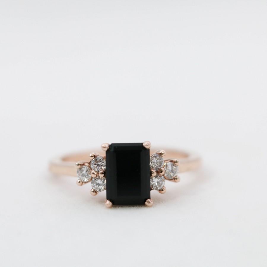 Wedding - Onyx Engagement Ring // Onyx and Diamond Ring // Emerald Cut Black Onyx