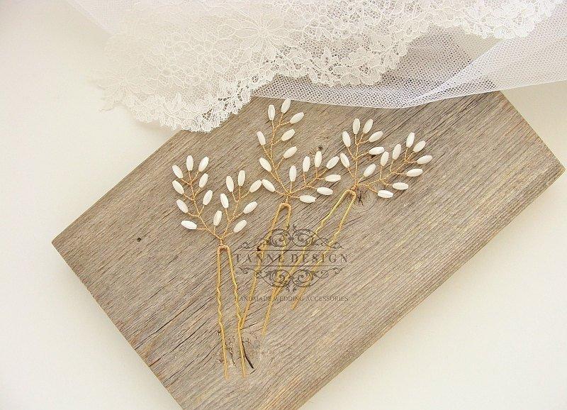 Wedding - Fern Leaf Hair Pins, Leaf Branch Hair Pieces, Ivory Pearl Wedding Hair Accessories, Greek Headpiece, Grecian Bridal Hair Piece, Gold Pins