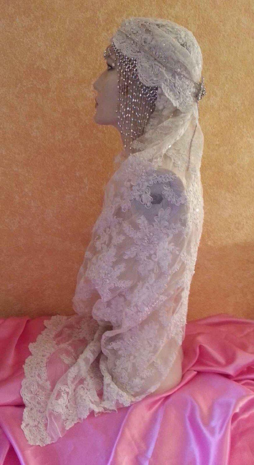 زفاف - Gatsby 20's Waterfall Ivory Lace Silver Bead Crystal Flapper Headpiece Hat Bridal Wedding Costume Party Theatrical Burlesque/More Colors