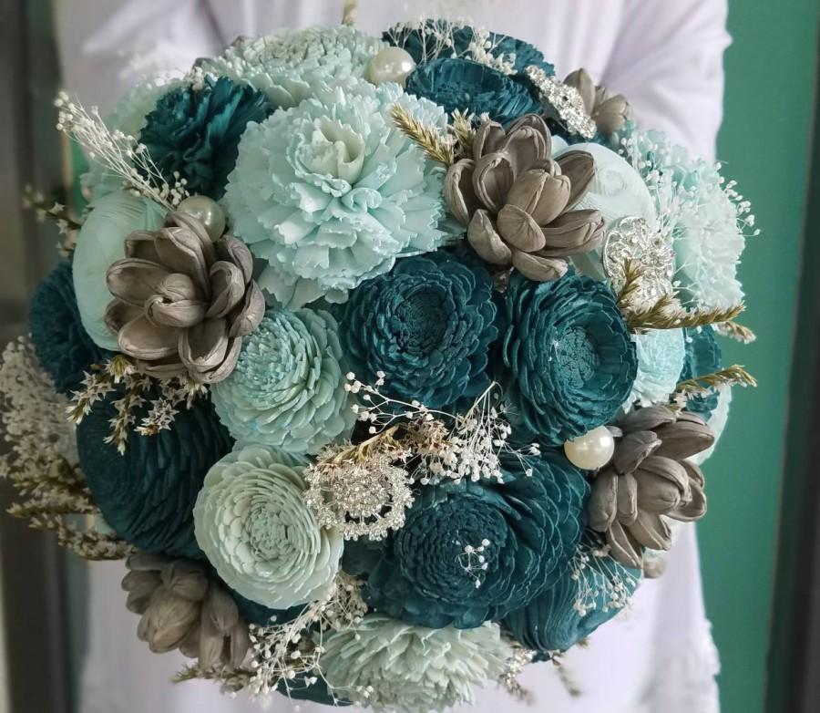 Hochzeit - Wooden bouquet,  wedding bouquet,  sola flower bouquet,  wooden flowers,  dried flowers,  teal flowers,  baby blue flowers,  rustic bouquet
