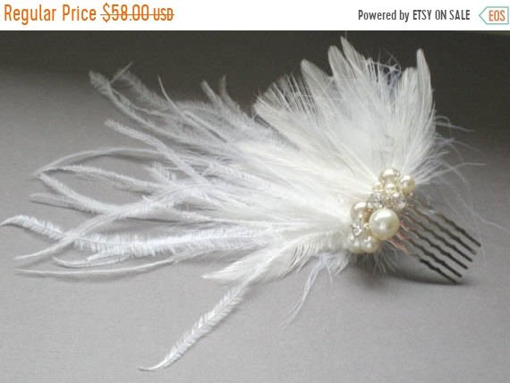Hochzeit - ON SALE Bridal Feather Comb.. Ostrich Birdcage Bridal Veil Comb. Fascinator. Chic Prom. Bridal Bandeau Veil Accent.  Blusher Bridal Veil Com