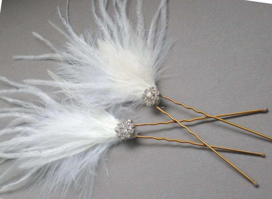 زفاف - SET. Bridal Ostrich Feather Hair Pin Set of 2.  Chic Prom and Luxe Elegant Evening Wear Fascinator. Boho Bride Maid Feathered Hair Pin set