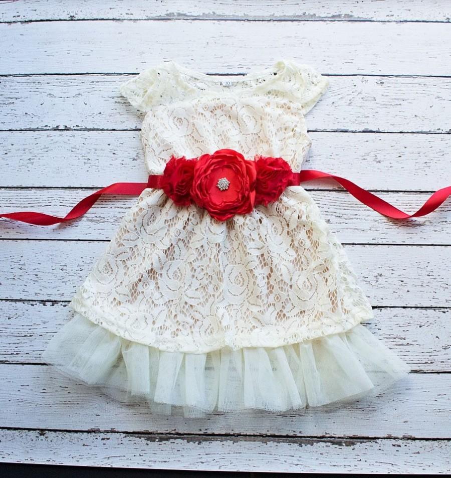Hochzeit - Girls Christmas Dress dress, Red Flower Girl Dress, Champagne Lace Dress, Christmas dress, Rustic Flower Girl Dress, Flower Girl Dresses