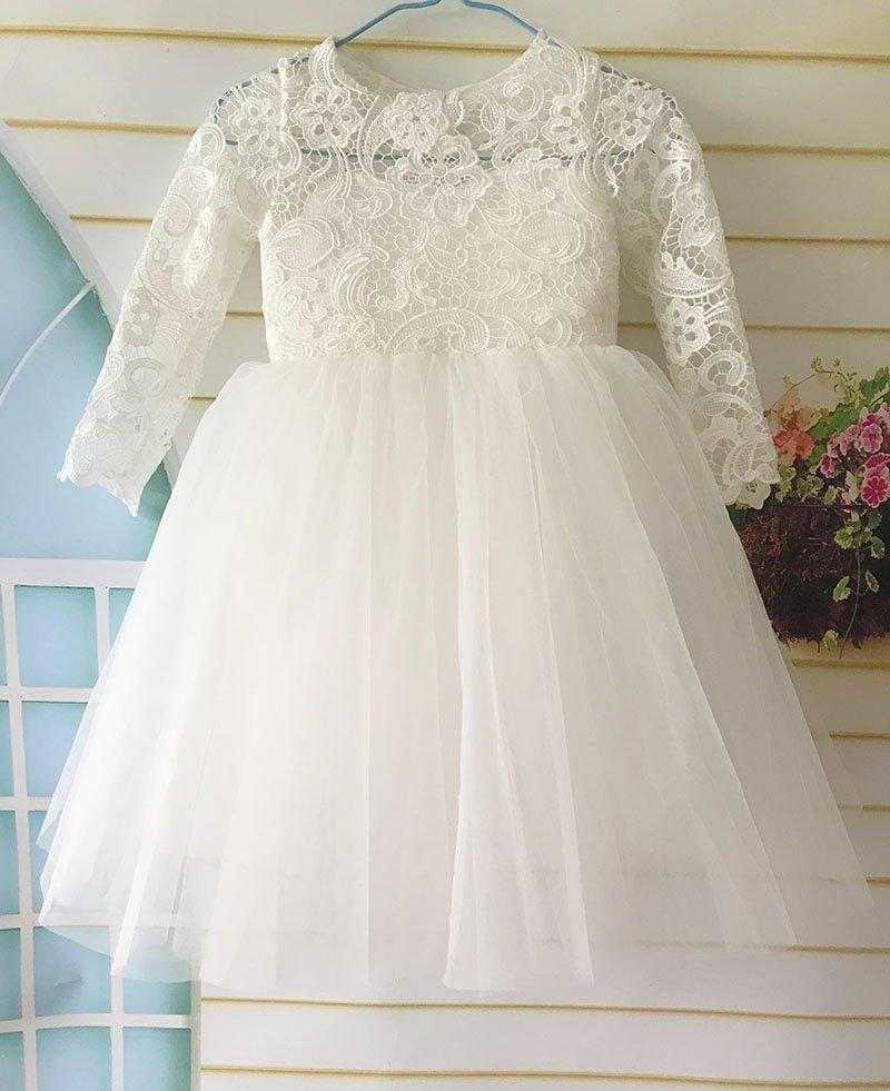 Mariage - Lace Flower Girl Dress, Tulle Flower Girl Dress, Light Ivory Girl Dress, Birthday Girl Dress, tutu Dress with Long Sleeves
