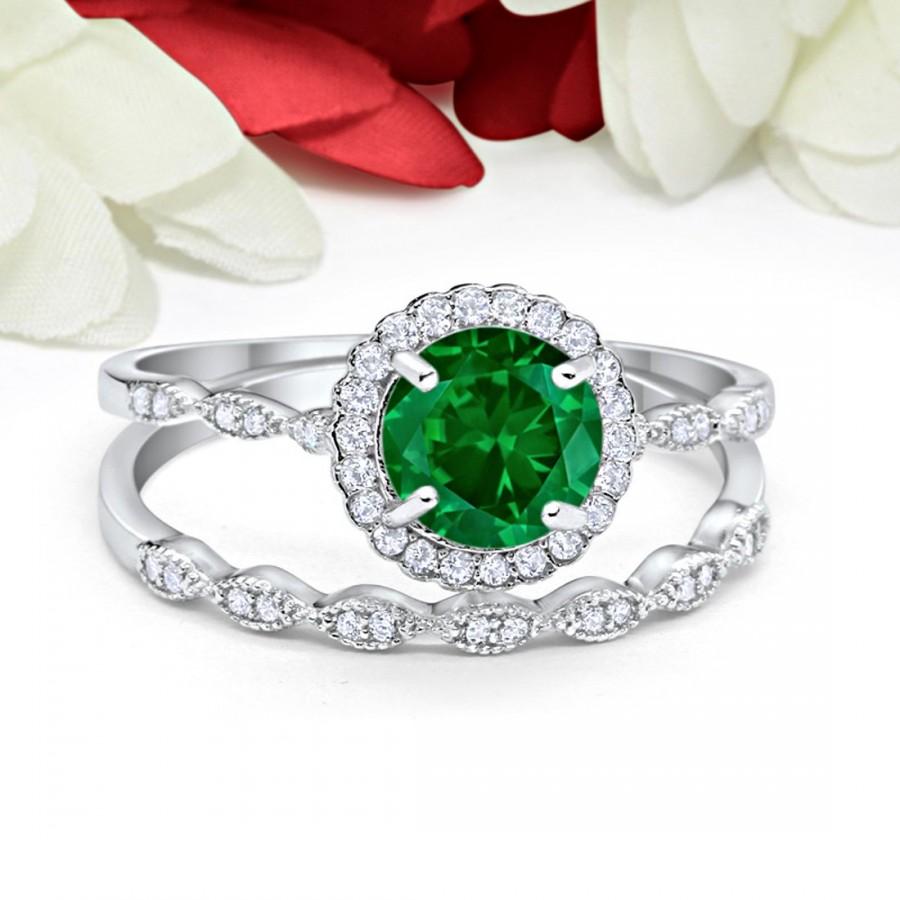 زفاف - Vintage Art Deco Wedding Engagement Bridal Ring Band Two Piece 1.00 Carat Round Emerald Green CZ Simulated Diamond Solid 925 Sterling Silver