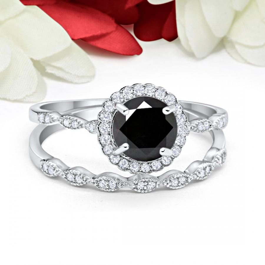 Mariage - Vintage Art Deco Wedding Engagement Bridal Ring Band Two Piece 1.00 Carat Round Black Diamond CZ Simulated Diamond Solid 925 Sterling Silver