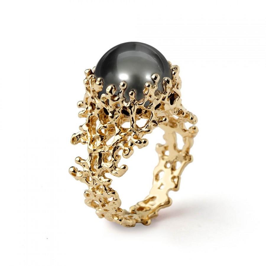 Hochzeit - CORAL Tahitian Pearl Ring, Gold Pearl Engagement Ring, Black Pearl Engagement Ring, Unique Engagement Ring, Unique Pearl Ring