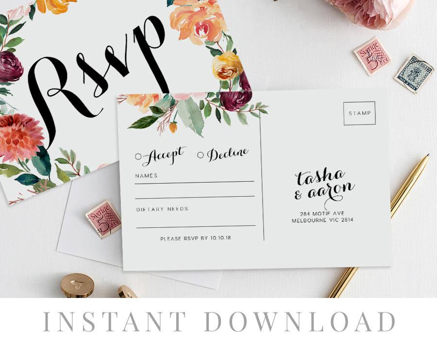 Hochzeit - Rsvp Postcard Printable INSTANT DOWNLOAD, Wedding Rsvp Card DIY Printable Invitation, Templett, Editable pdf, Wreath, Autumn Invites, Breeze