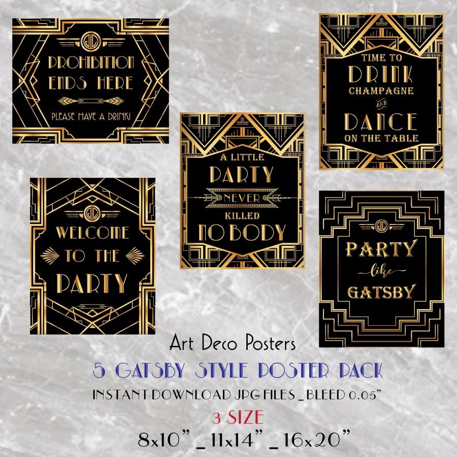 Wedding - Printable Gatsby 5 Poster Pack - Printable Wedding & Birthday Party Art Deco 1920s Sign - 3 sizes of each design included INSTANT DOWNLOAD