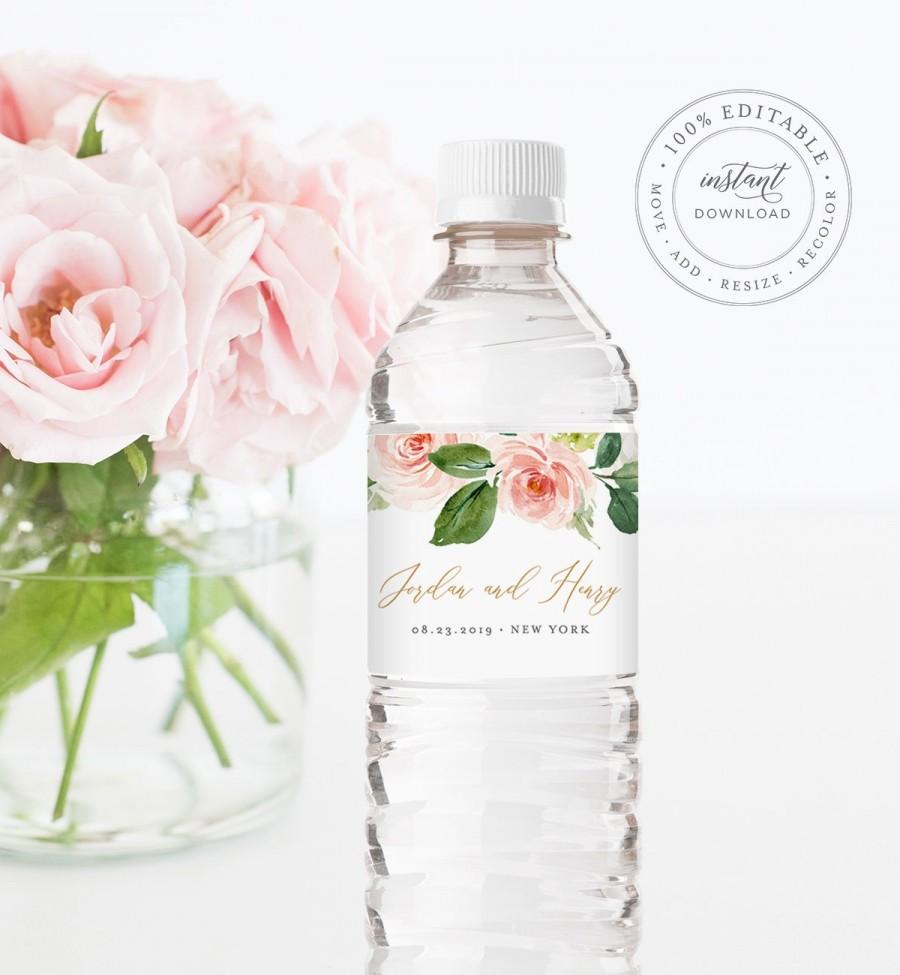 Свадьба - Water Bottle Label Template, INSTANT DOWNLOAD, Printable Custom Label, 100% Editable, Wedding Favor, Floral Bridal Shower Favor #043-108BL