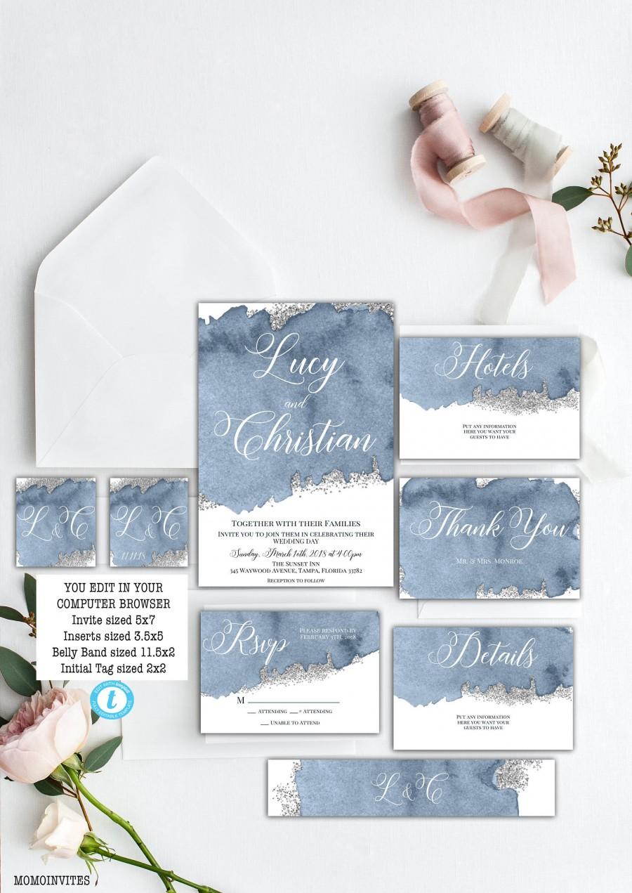 زفاف - Steal Blue Grey Watercolor Wedding Invitation Set Template, Watercolor Wedding Set, Silver, Printable, Editable, Wedding Invitation Template