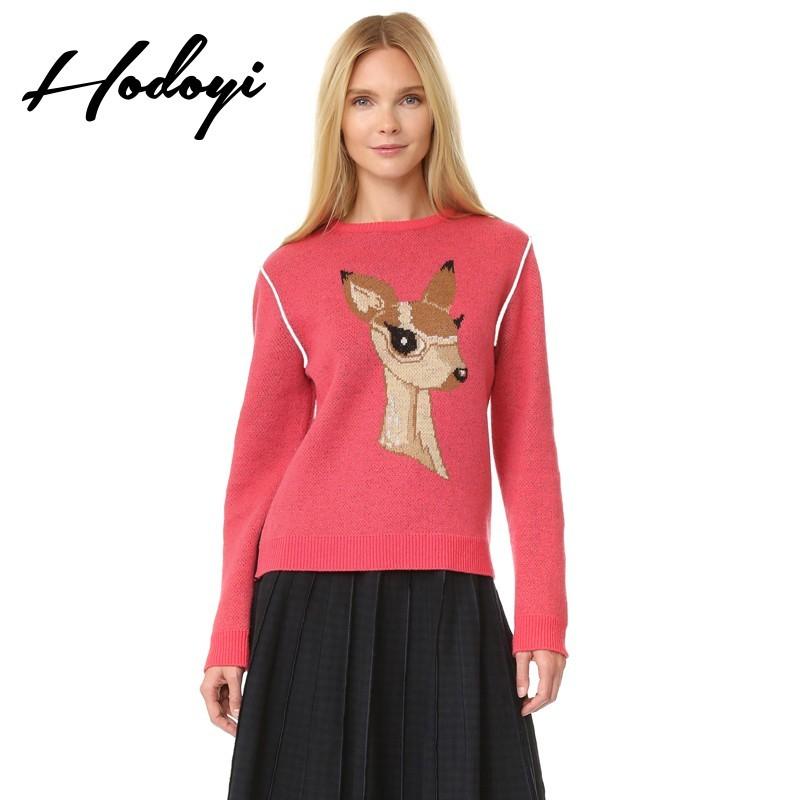 زفاف - Spring winter new Womens fashion cartoon deer printed knitted crew neck sweater - Bonny YZOZO Boutique Store