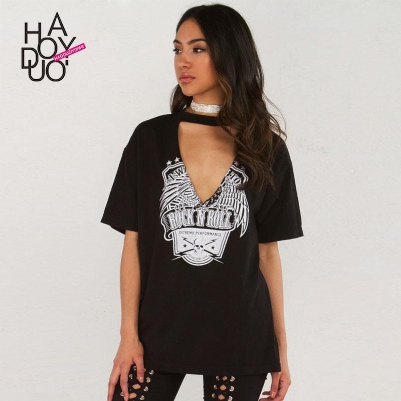 Mariage - Hip Hop Vogue Printed V-neck Summer Choker T-shirt - Bonny YZOZO Boutique Store