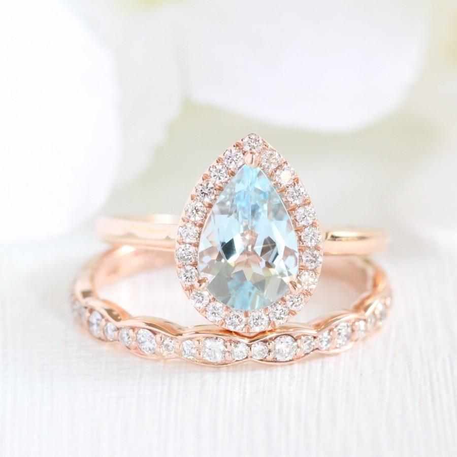 Mariage - Pear Aquamarine Engagement Ring and Scalloped Diamond Wedding Band in 14k Rose Gold Halo Diamond 9x6mm Blue Gemstone Ring Bridal Set