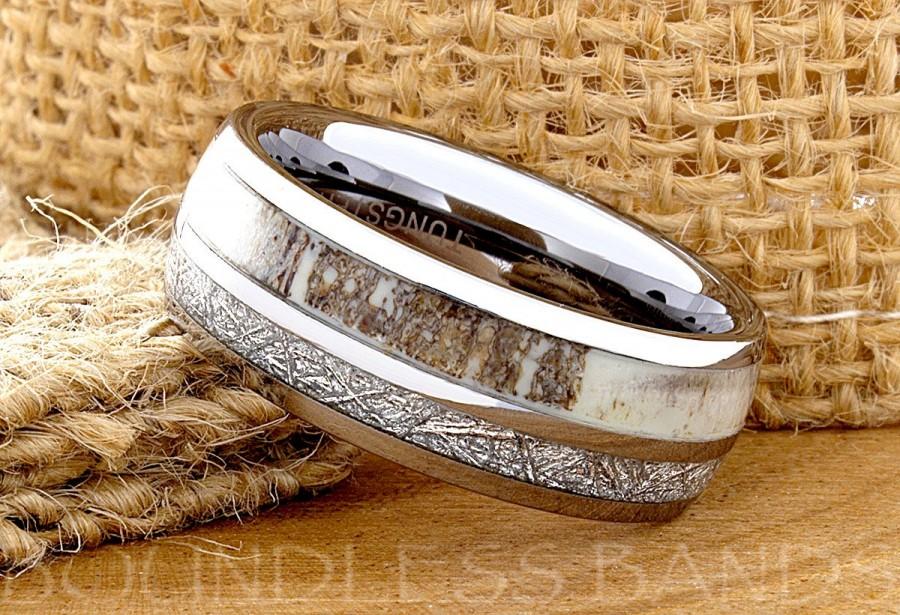 Hochzeit - Tungsten Ring Tungsten Wedding Ring Meteorite Deer Antler Ring Men Women 8mm Custom Made Handmade Personalized Promise Ring Anniversary Ring