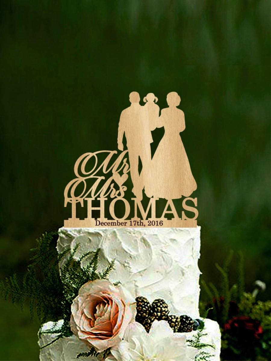 Hochzeit - Silhouette wedding cake topper bride and groom with child couple cake topper mr and mrs wedding cake toppers personalized last name topper
