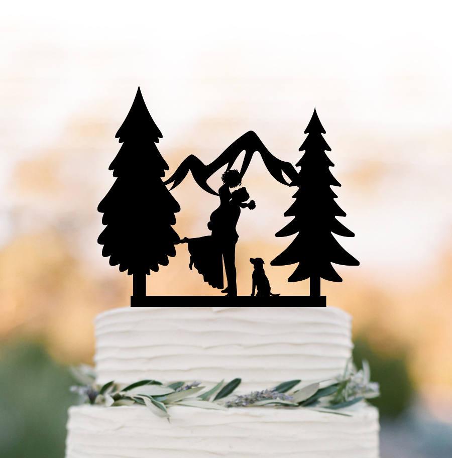 Hochzeit - Outdoors wedding cake topper mountain with dog, cake topper tree, cake topper with dog, silhouette cake topper anniversary gift,