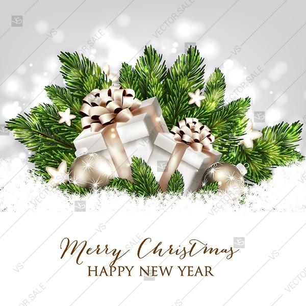 زفاف - Merry Christmas invitation gift box fir bow gold stars light garland balls