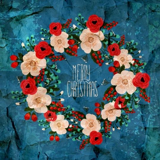 Wedding - Merry Christmas and Happy New Year Card. Christmas Wreath