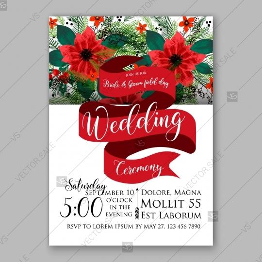 Свадьба - Poinsettia Wedding Invitation card beautiful winter floral fir branches Christmas Party wreath