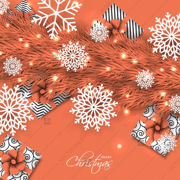 Wedding - Merry Christmas and Happy New Year card peach fir wreath gift box snowflake vector illustration vector download