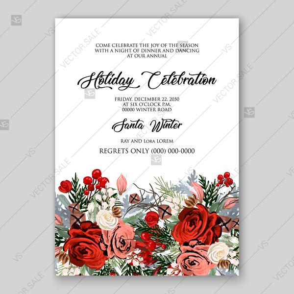 Wedding - Christmas Party invitation floral decoration wreath burgundy red white rose fir pine cone red berry decoration bouquet