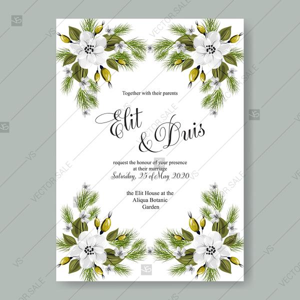 Hochzeit - Wedding invitation vector template floral winter wreath of white flowers of anemone fir pine needle peony bridal shower invitation