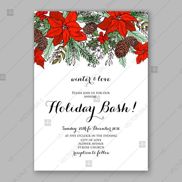 Hochzeit - Christmas Invitation template Winter floral background red poinsettia fir pine cone