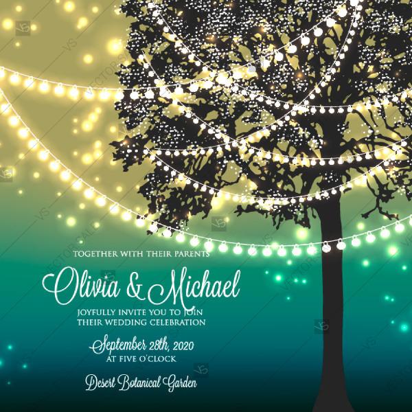 Hochzeit - Wedding invitation with glowing lights garland on the tree floral greeting card