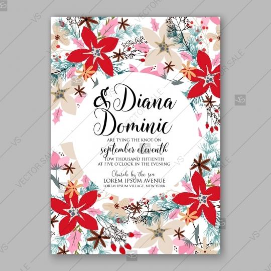 Mariage - Poinsettia vector fir wreath Wedding Invitation card Christmas Party thank you card