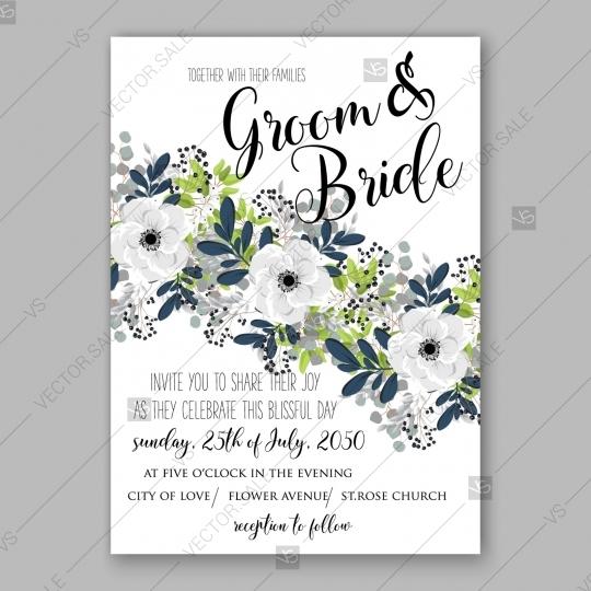 زفاف - Anemone Wedding invitation card in light gray and navу leaves