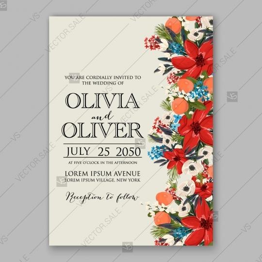 Wedding - Red Poinsettia Wedding Invitation vector template card floral Christmas Party wreath floral wreath